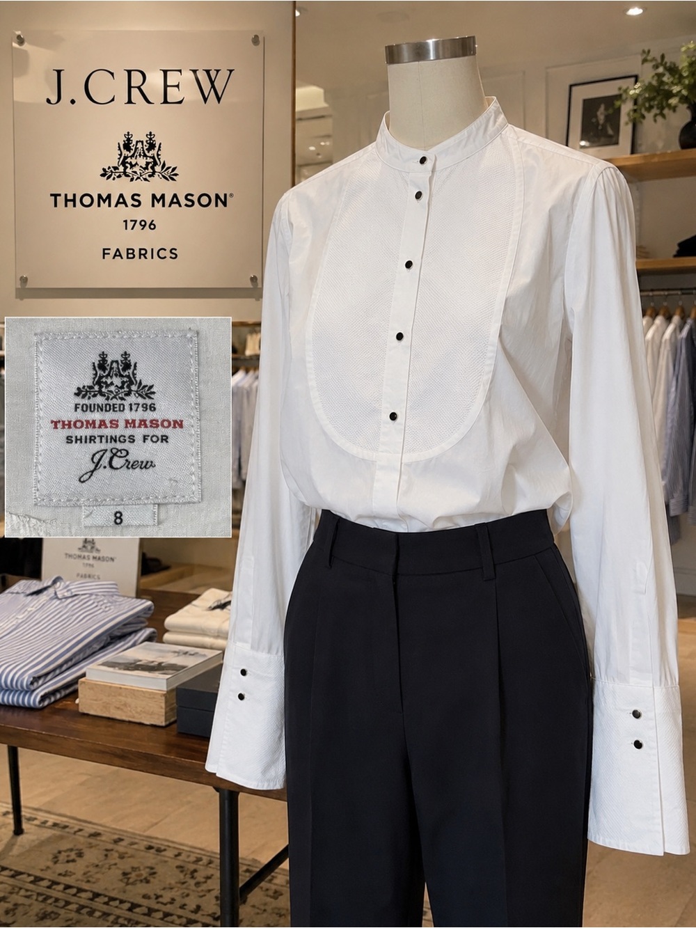 J.Crew Thomas Mason White Bib Front Tuxedo Shirt Women’s Size 8 100% Cotton